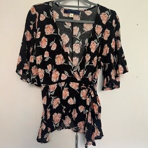 Blue Rain Flutter Sleeve Rose Floral Wrap Blouse
